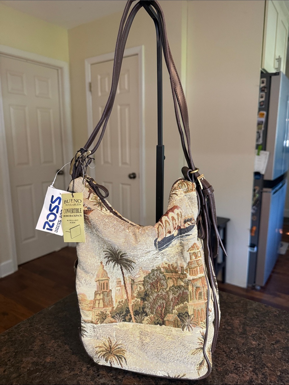 Vintage Bueno Cream and Brown Woven Tapestry Hobo/ Backpack Bag